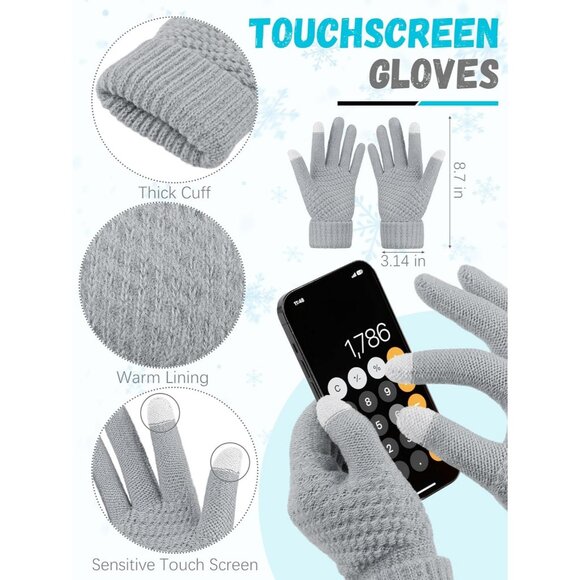 Women Light Gray Knit Beanie Hat, Gloves, Scarf & Ear Warmer Set - Winter - Picture 3 of 7